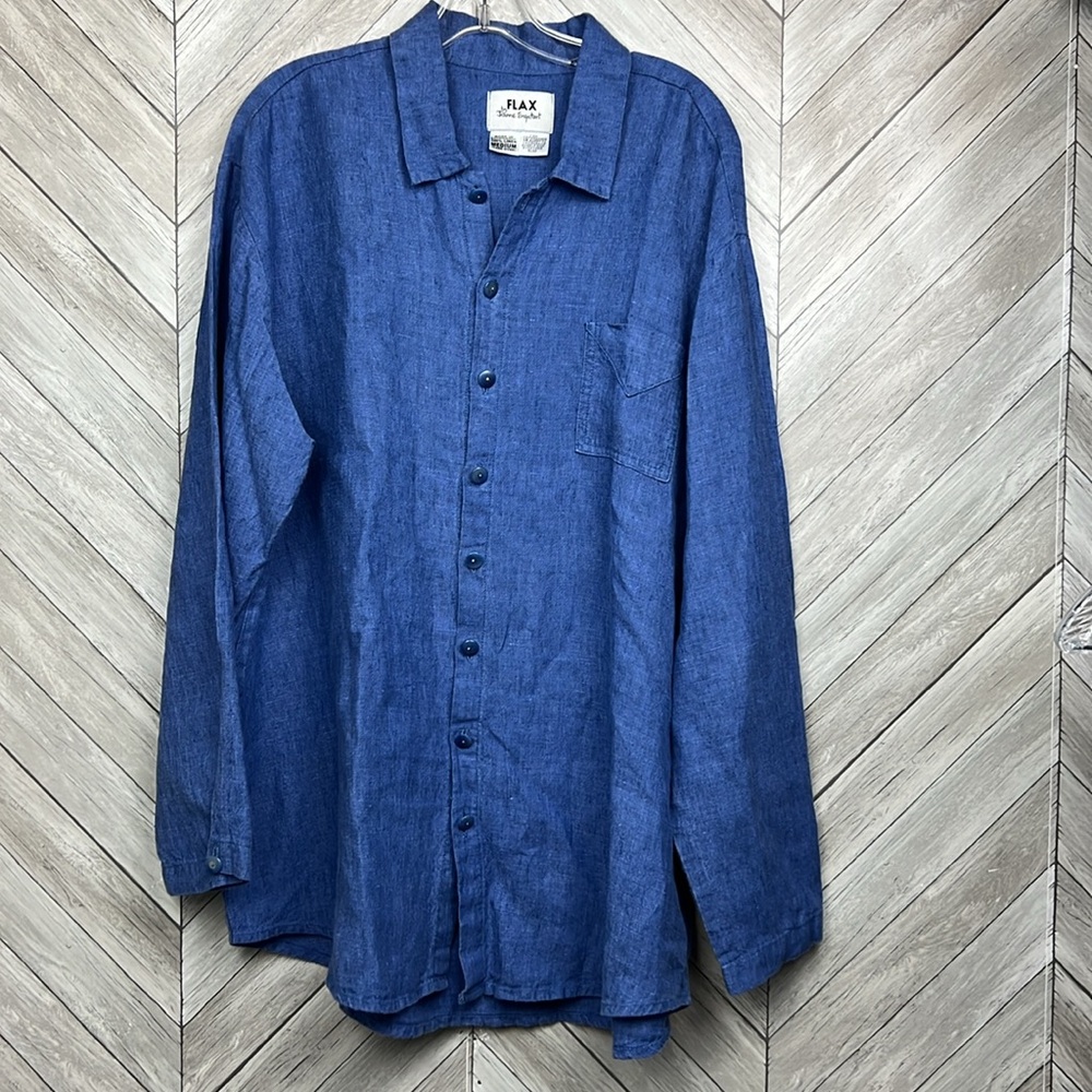 Flax Blue Long Sleeve Metal Detail Button Down Tunic Shirt Flax Size Medium